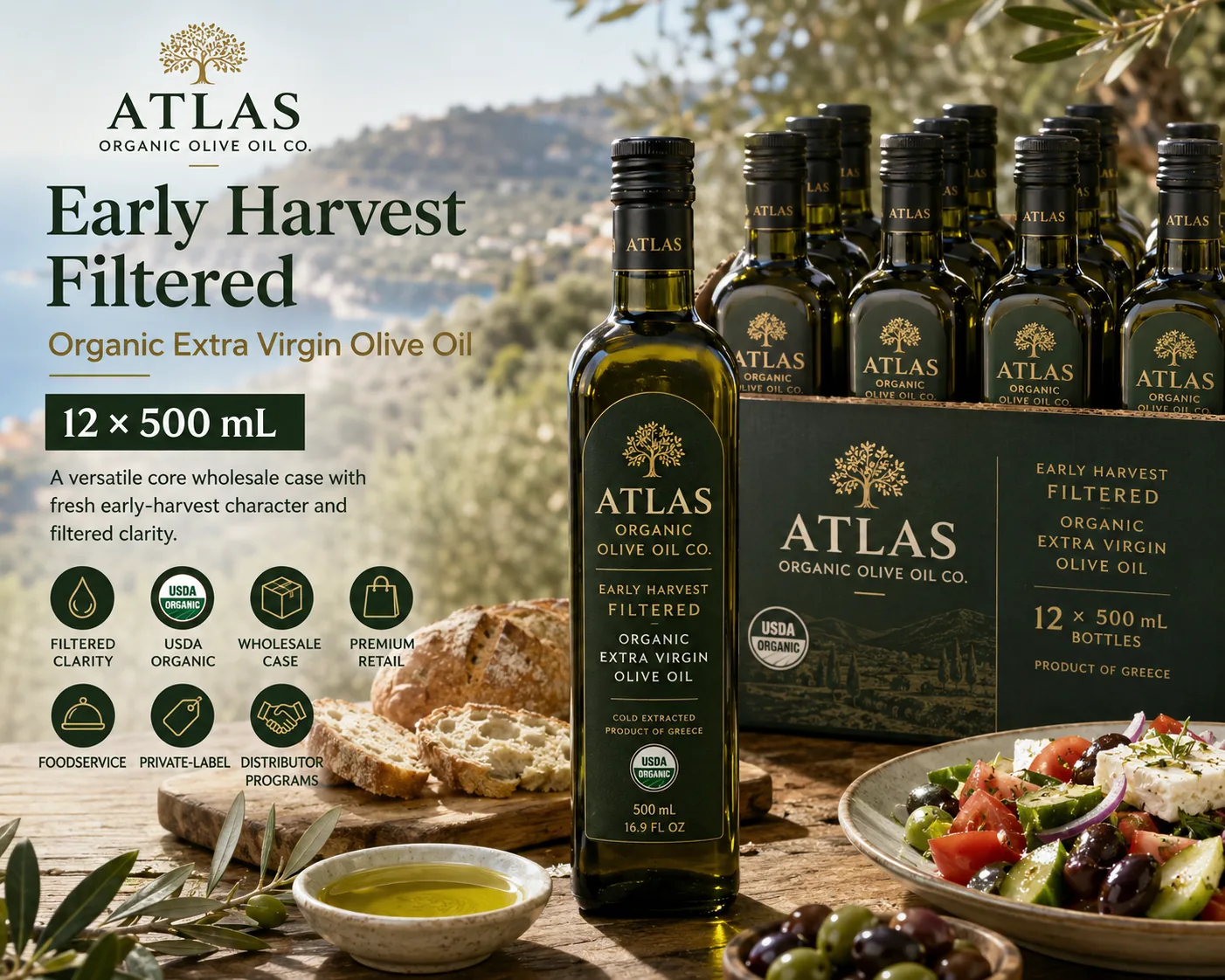 Early Harvest Filtered Organic Extra Virgin Olive Oil — 12 × 500 mL