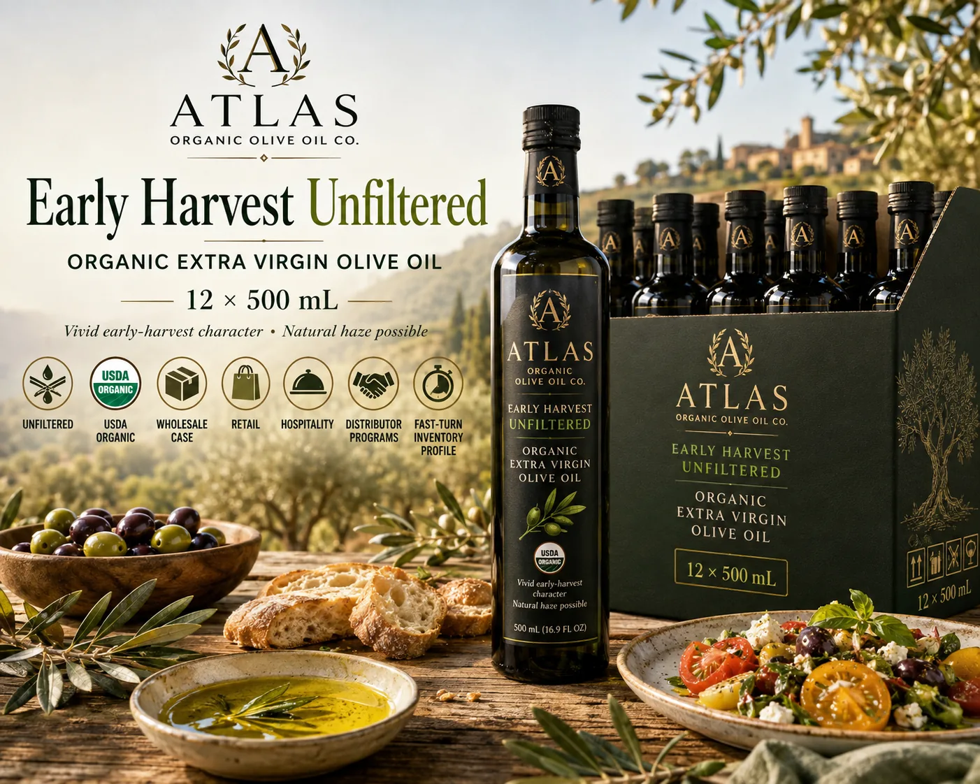 Early Harvest Unfiltered Organic Extra Virgin Olive Oil — 12 × 500 mL
