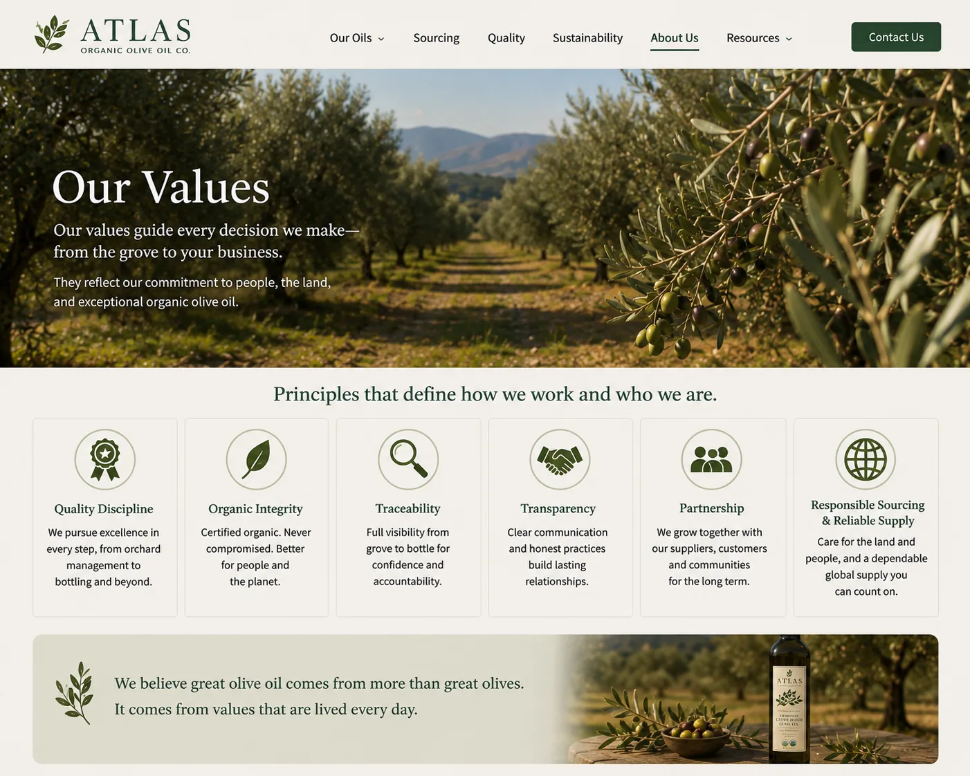 Atlas Organic Olive Oil Co. quality and sourcing values