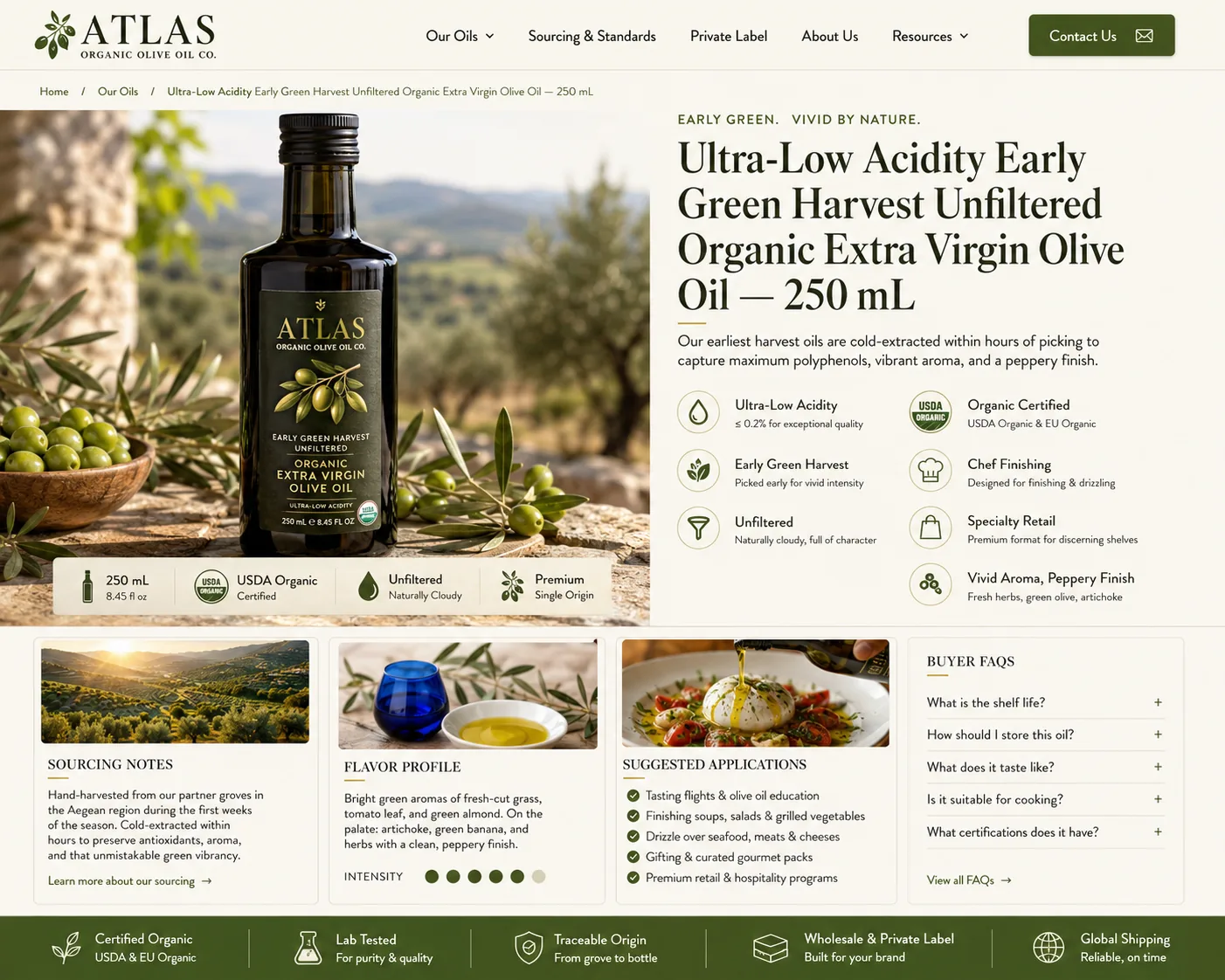 Ultra-Low Acidity Early Green Harvest Unfiltered Organic Extra Virgin Olive Oil — 250 mL